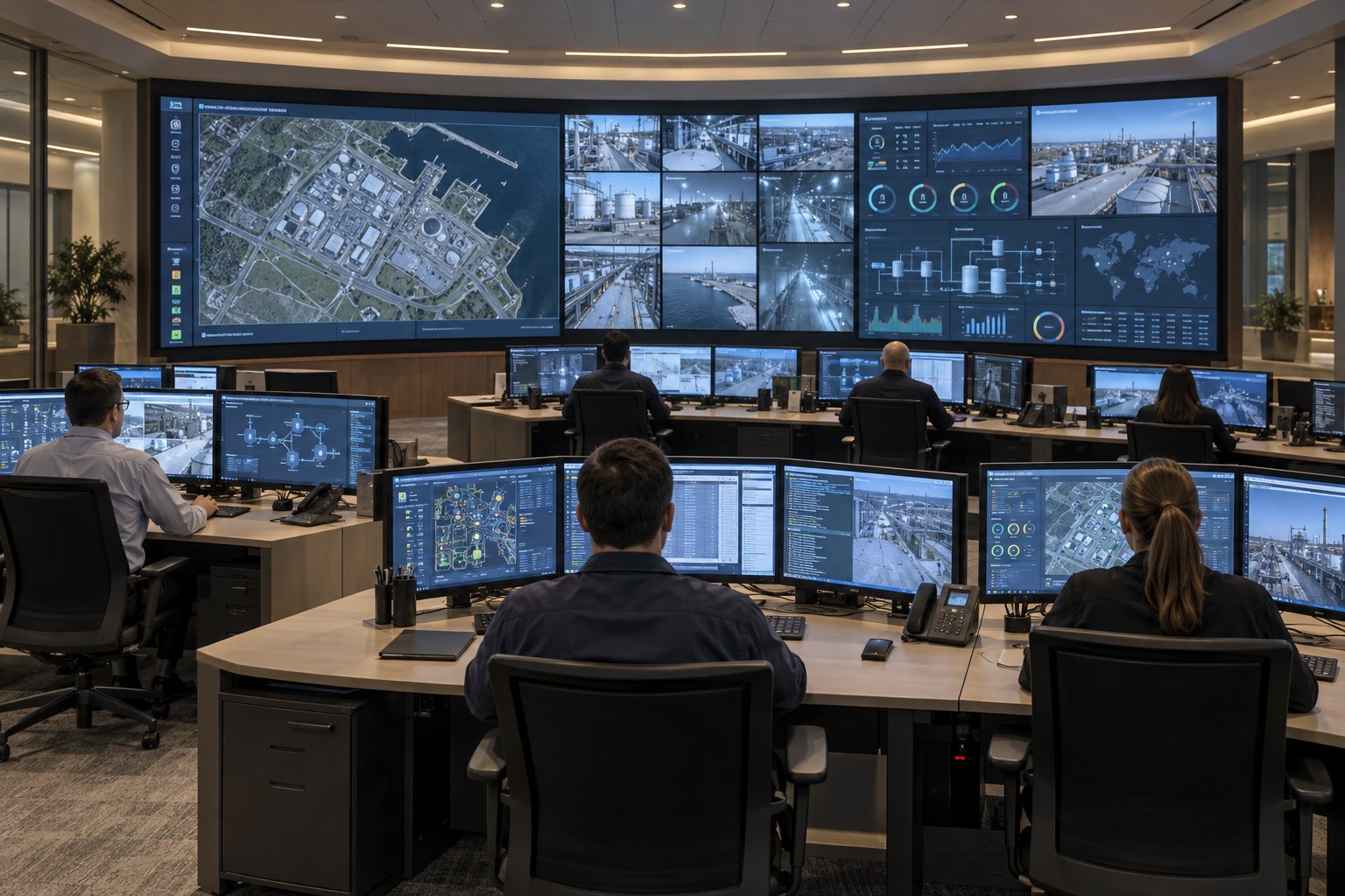 Operators in a command and control room monitor a wall of facility maps, surveillance feeds and analytics.