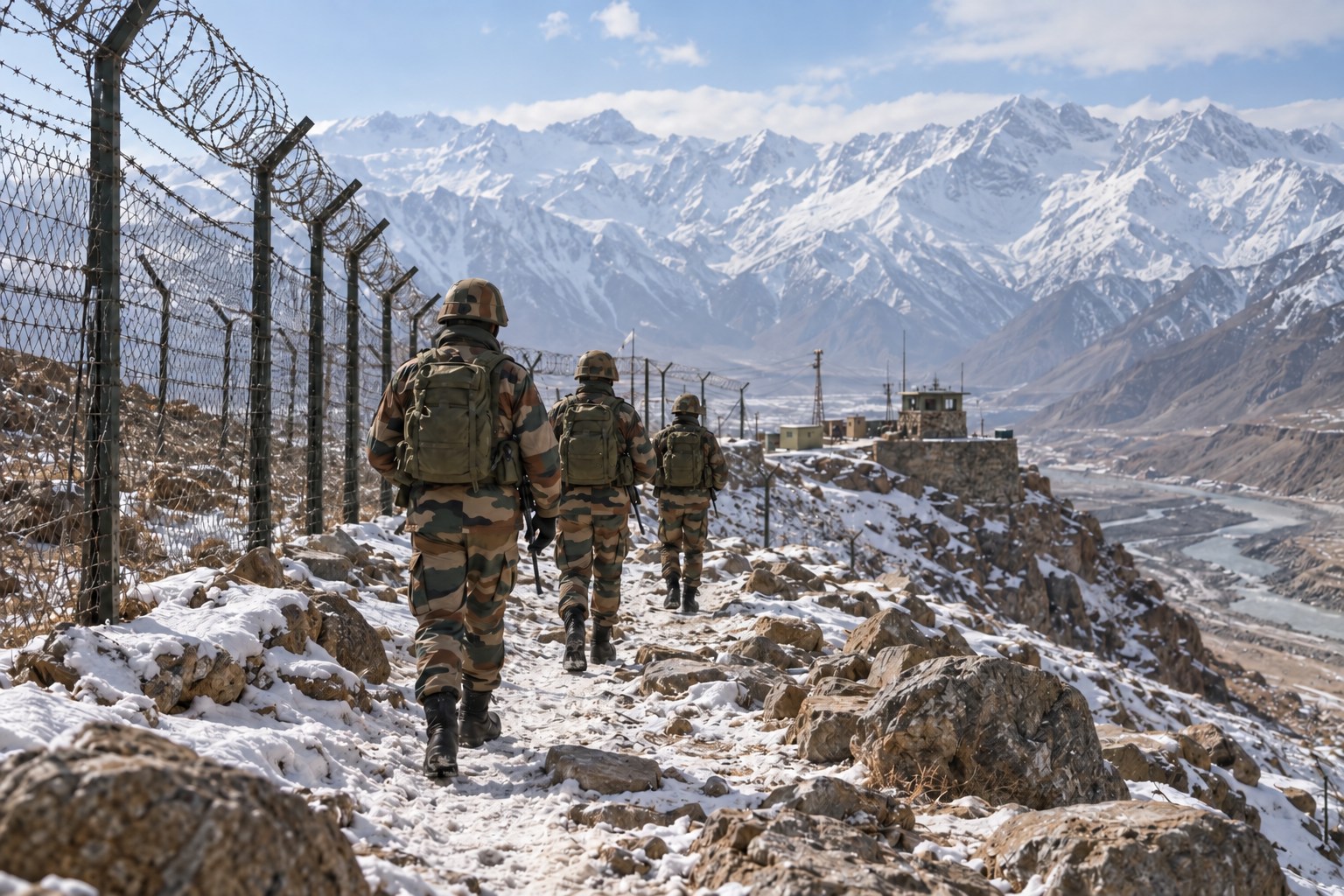 Illustrative scene of Indian Army soldiers patrolling a mountainous border beside a security fence.