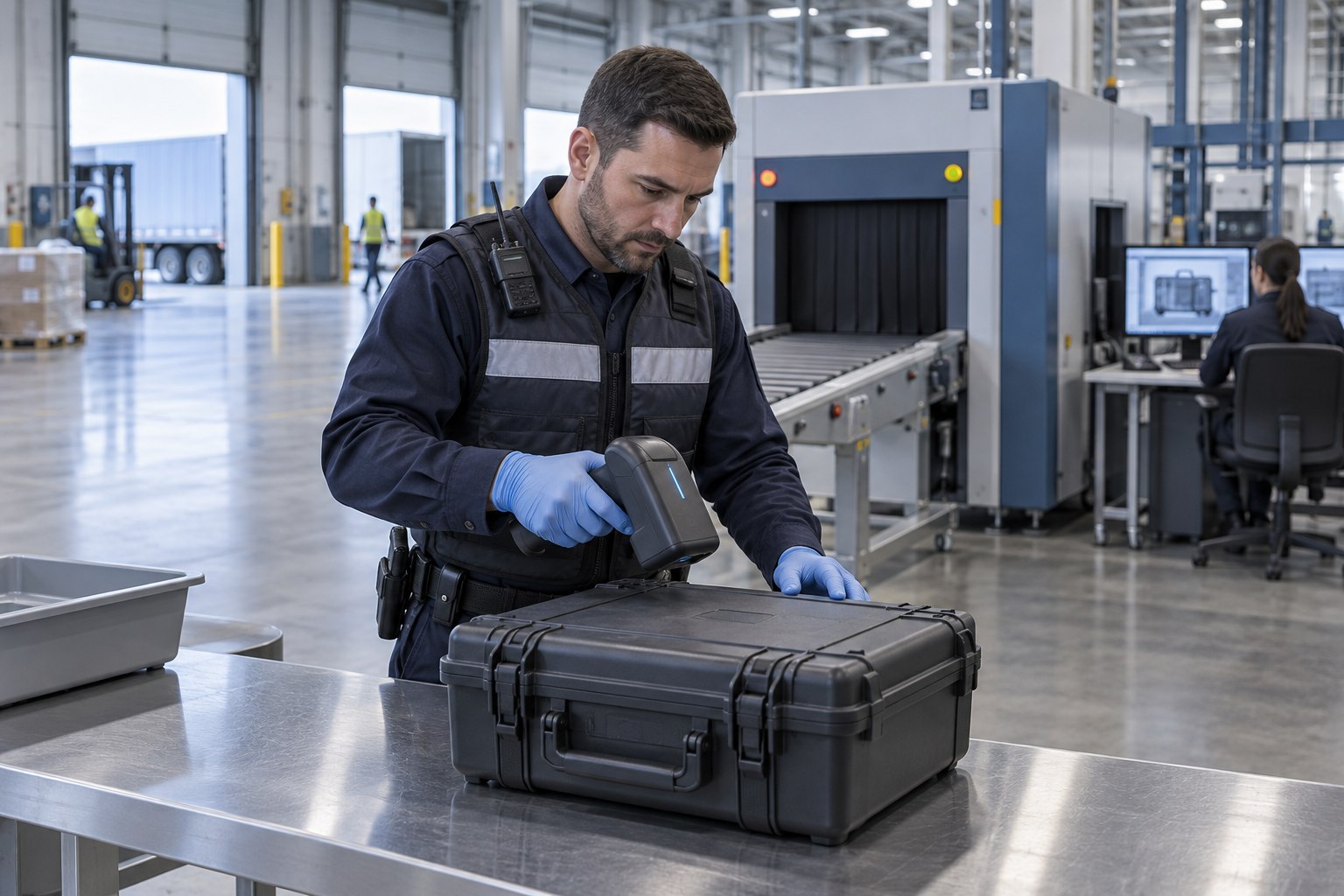 A security technician uses a handheld detection instrument at an industrial logistics screening station.