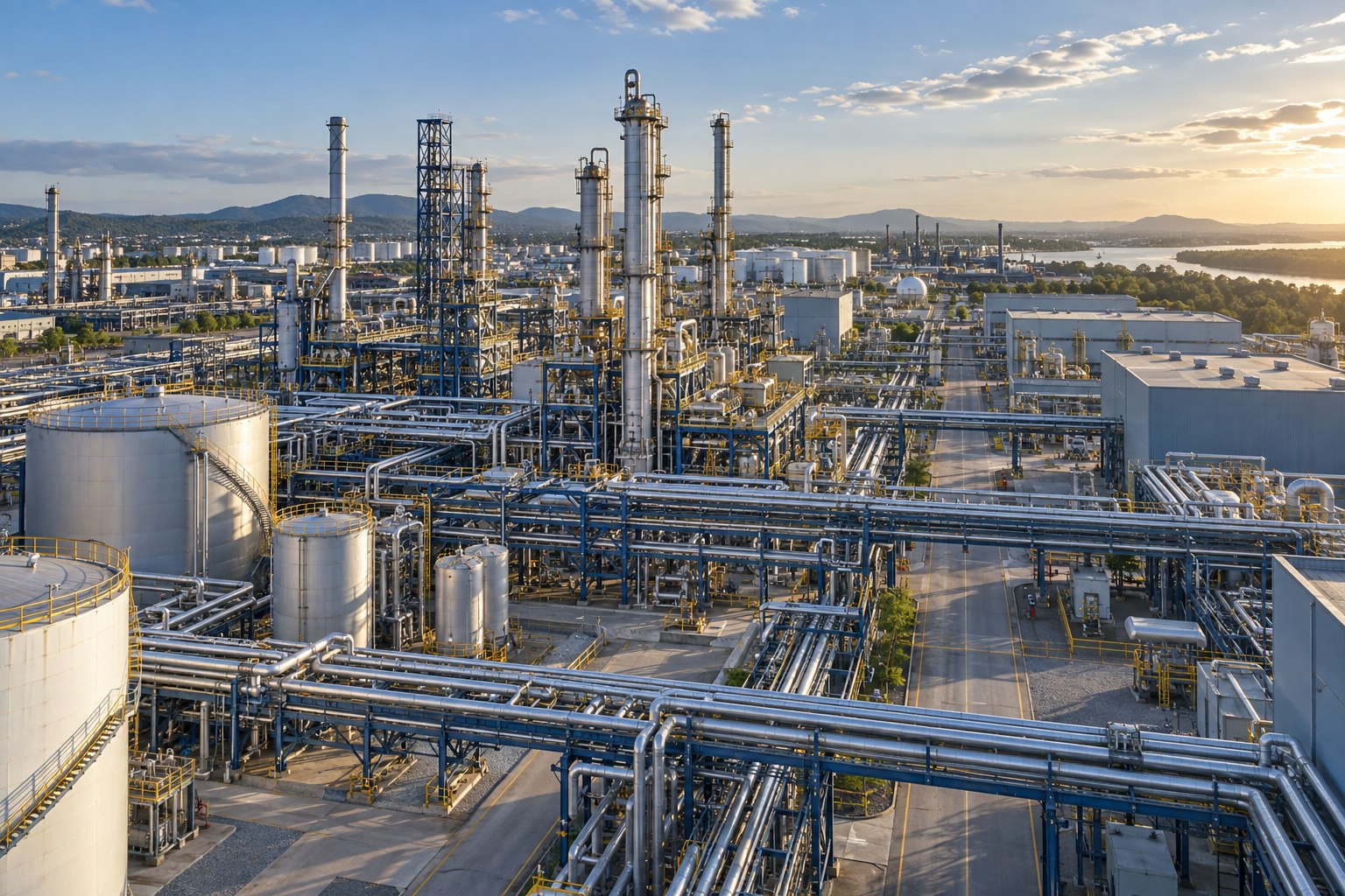 An expansive industrial processing complex with factory halls, pipe networks, tanks and towers.