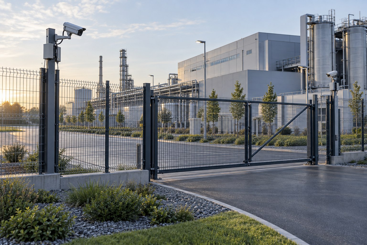 Security fencing and surveillance cameras protect the perimeter of a large industrial facility.
