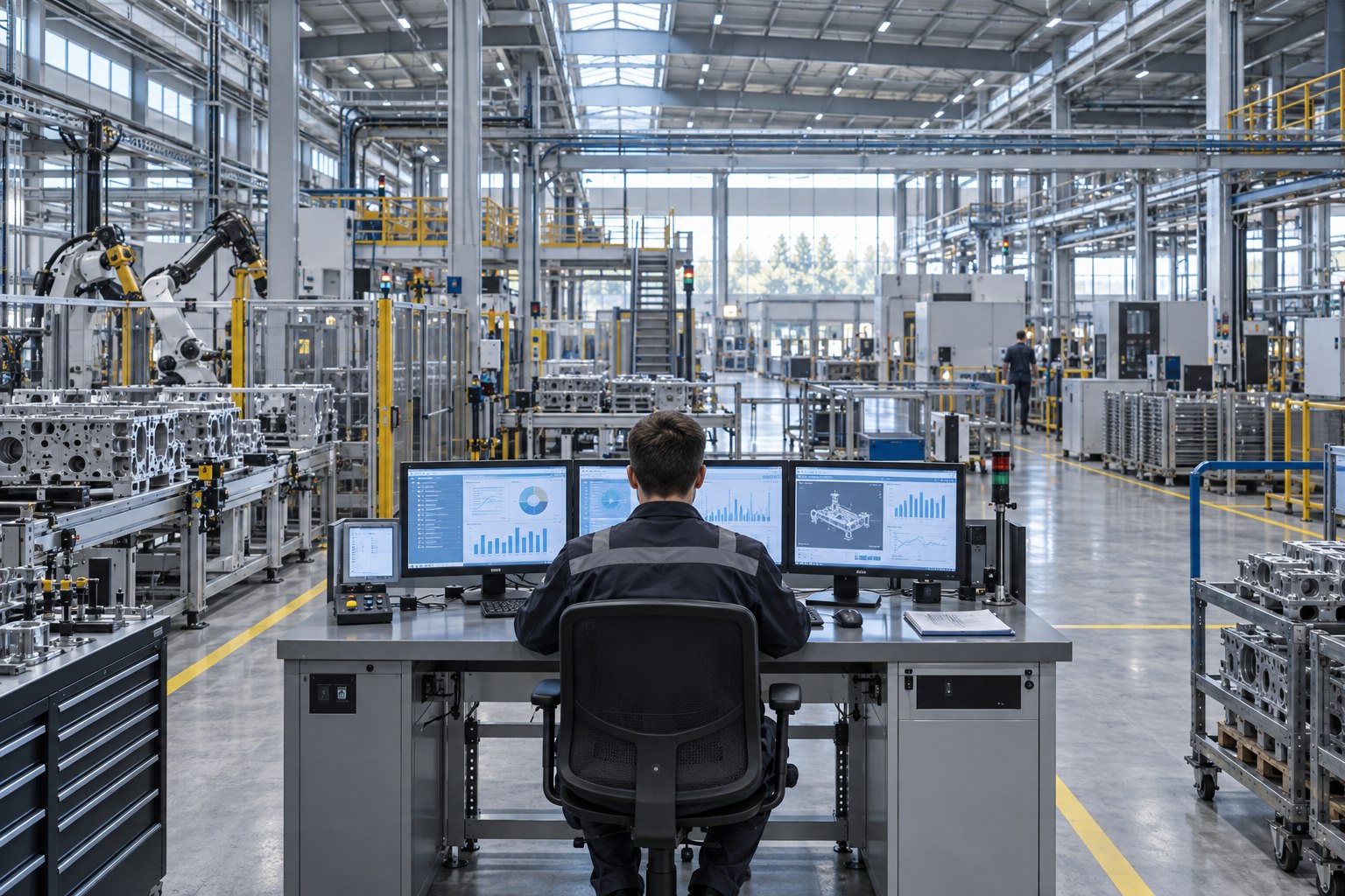A technician monitors connected production systems inside a large automated factory.