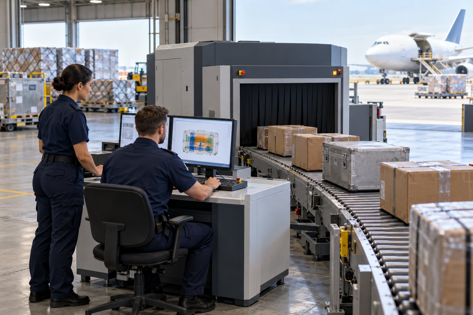 Airport cargo security staff monitor a conveyor scanner screening freight parcels.