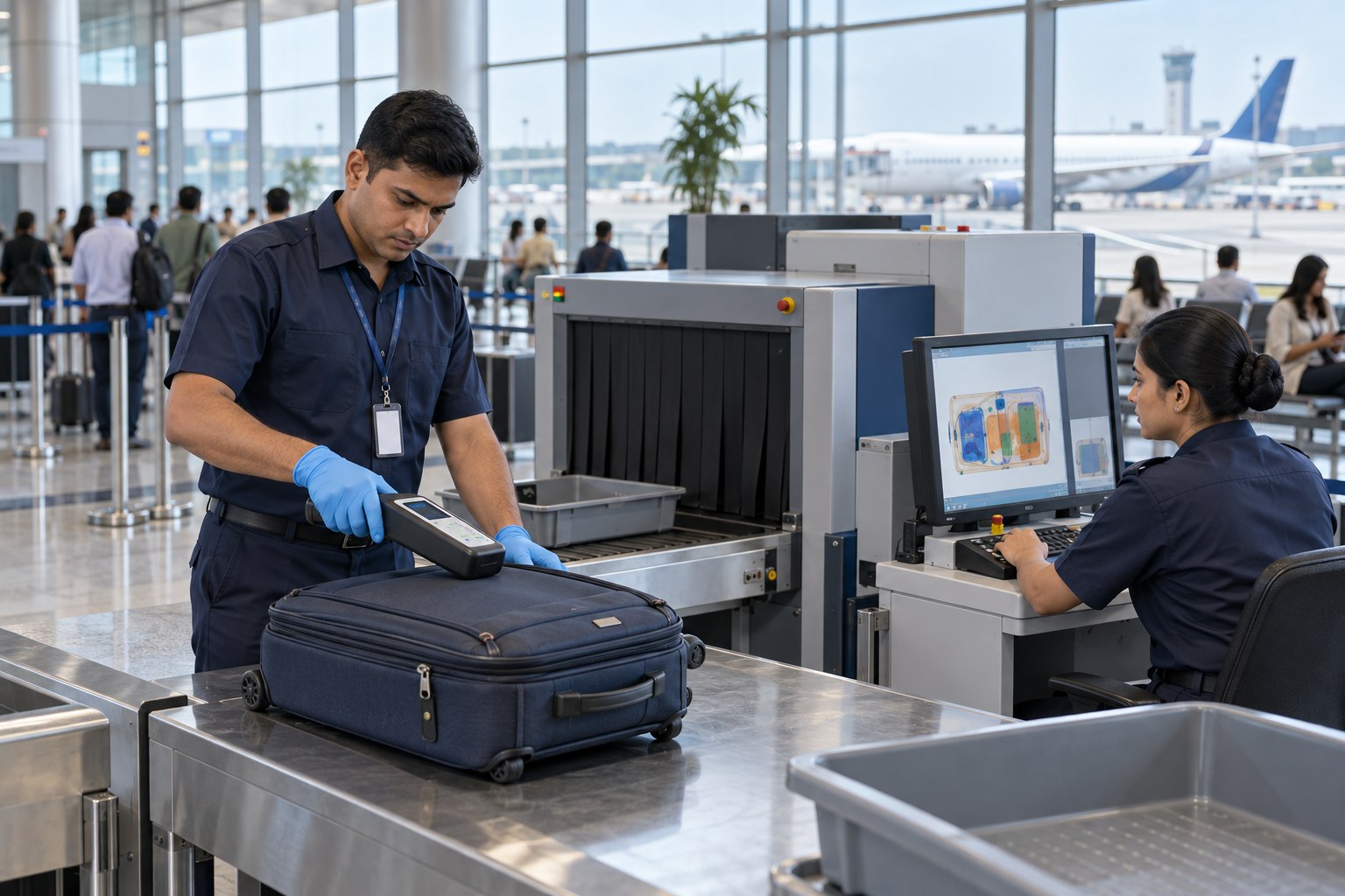 Airport security officers screen passenger luggage using a handheld detection instrument and a baggage X-ray scanner inside a terminal.