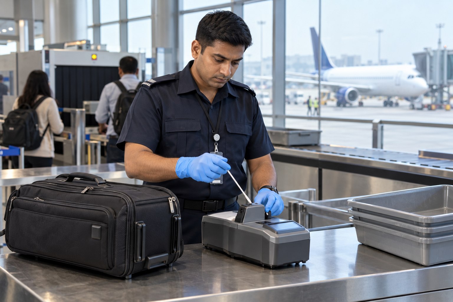 An airport screening officer checks a baggage sample with a trace detection analyser.