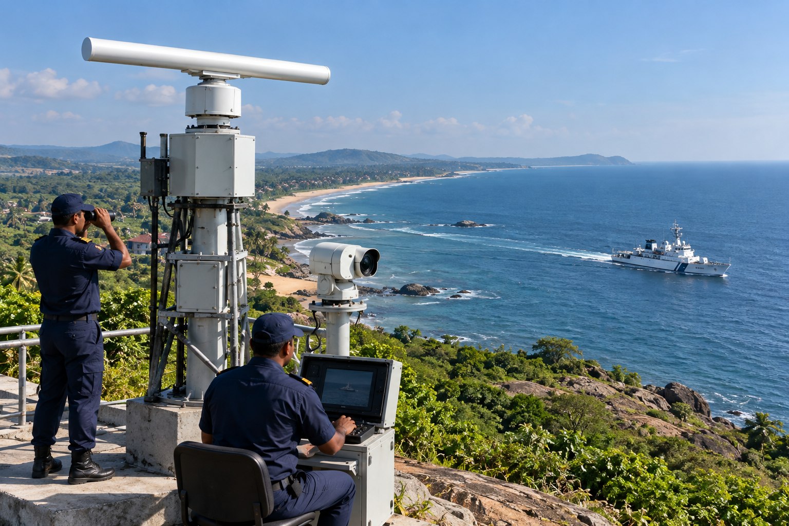 A coastal surveillance radar overlooks the shoreline and a patrol vessel at sea.