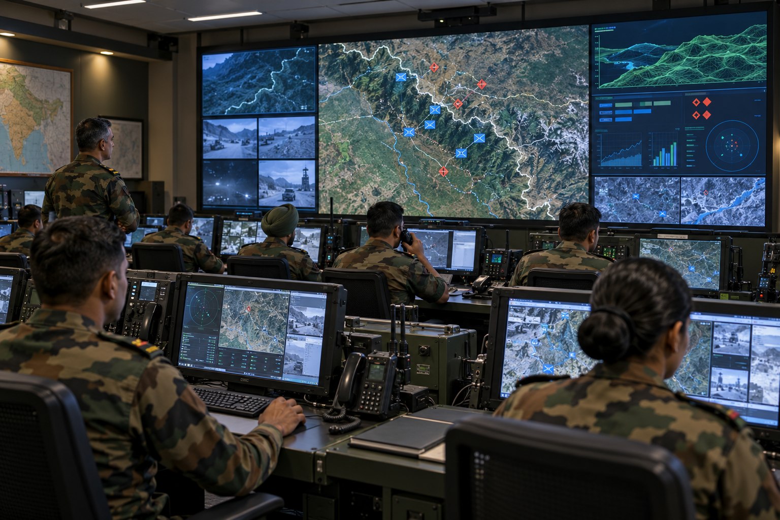 Military operators monitor maps and analytics in a command and control centre.