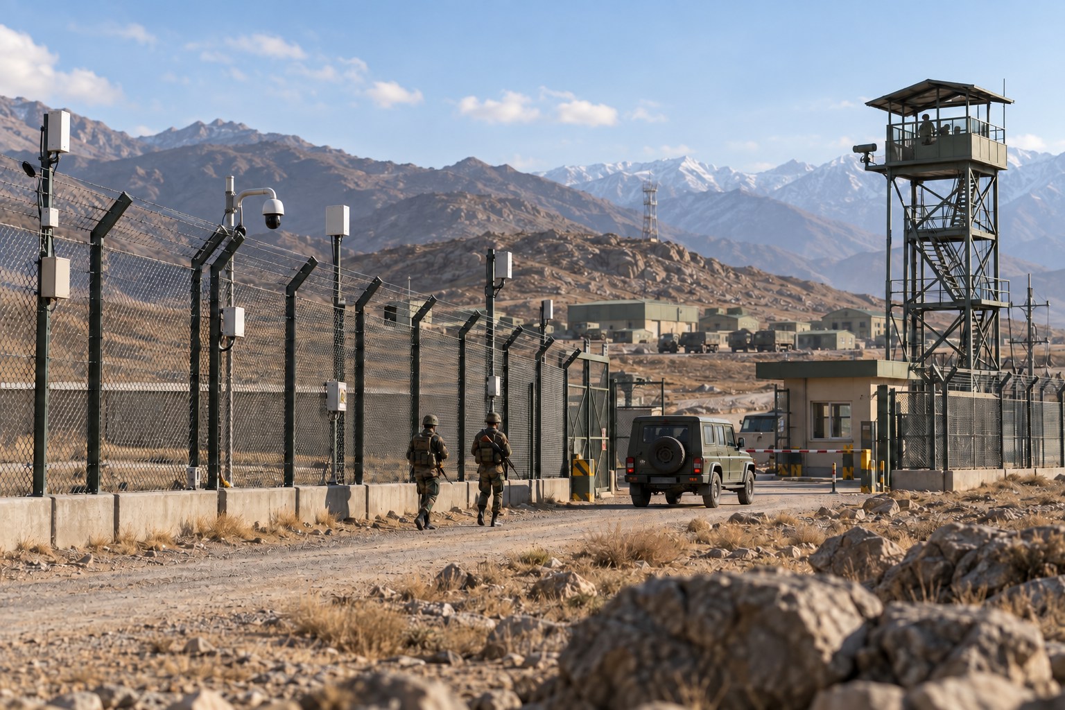 Surveillance sensors, security fencing and a watchtower at a military installation.