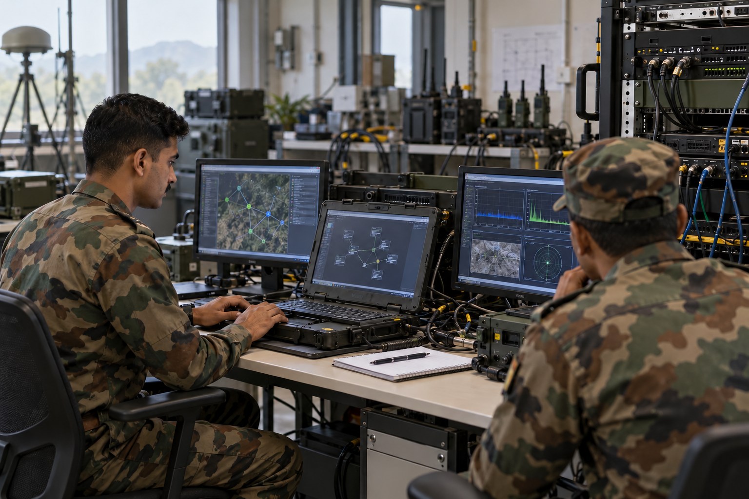 Defence technical personnel integrate rugged computers and communications systems.