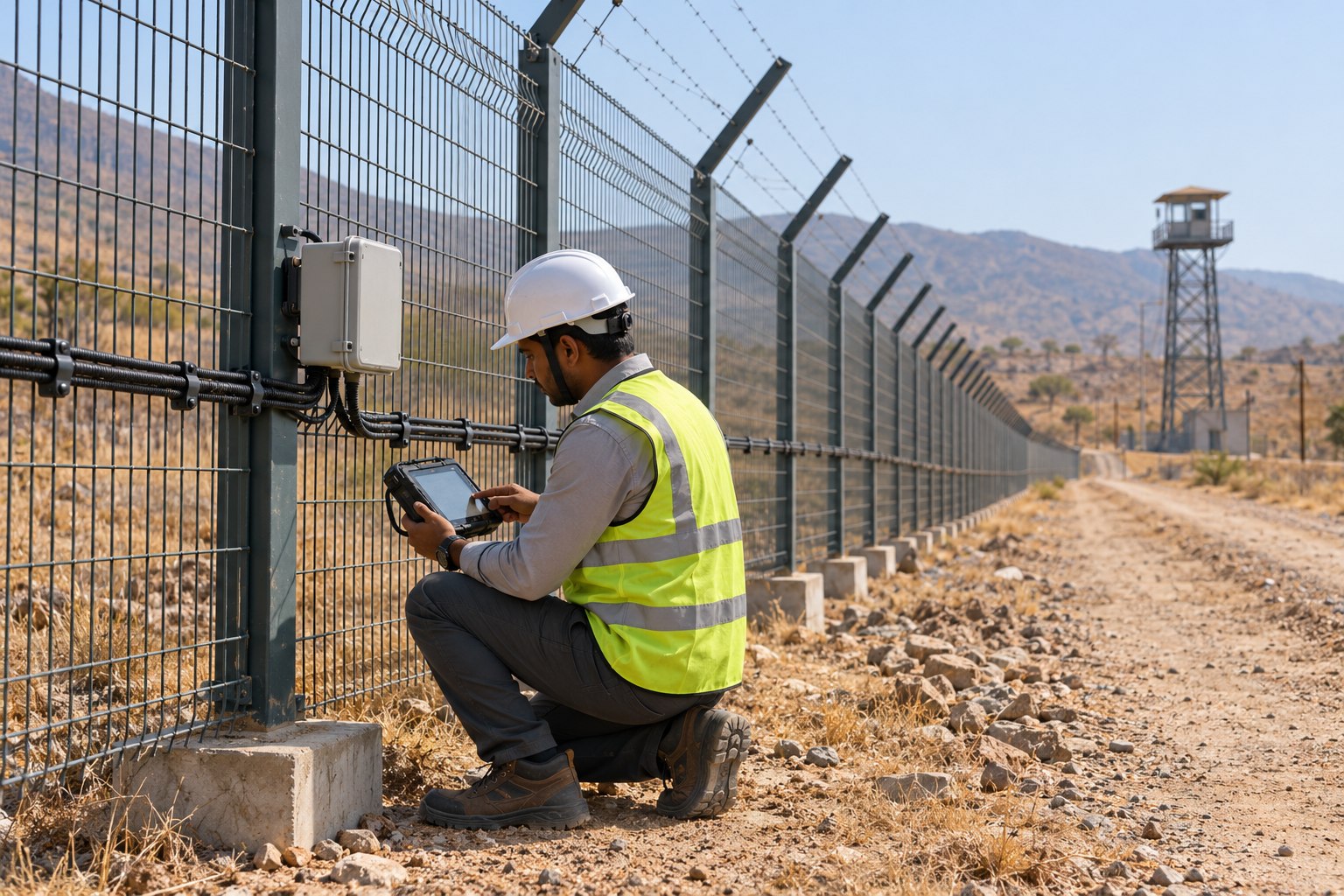 A technician checks a fibre-optic sensing cable attached to a border security fence.