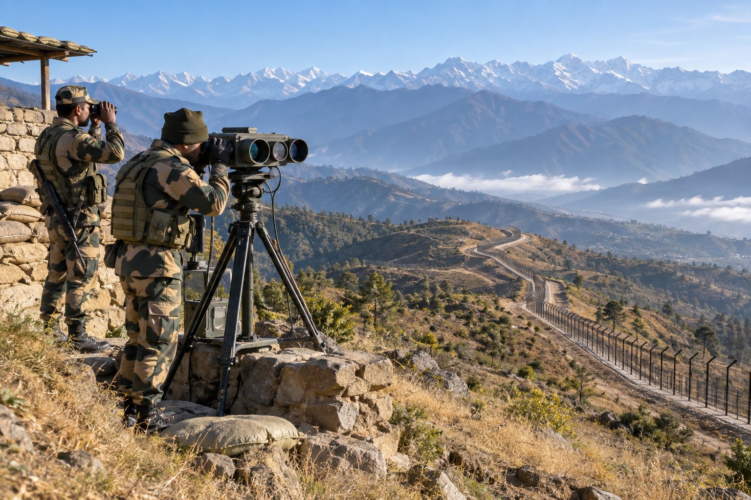 Border personnel and an electro-optical surveillance device overlook a fenced mountain frontier.