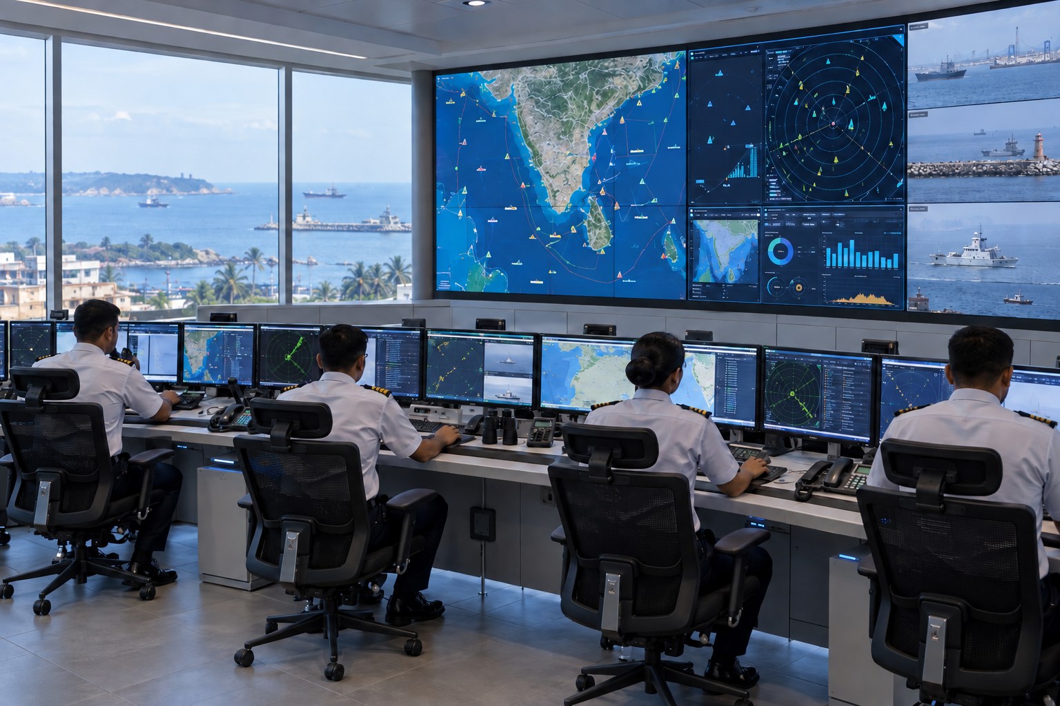 Operators monitor coastal surveillance maps and vessel tracking in a command room.