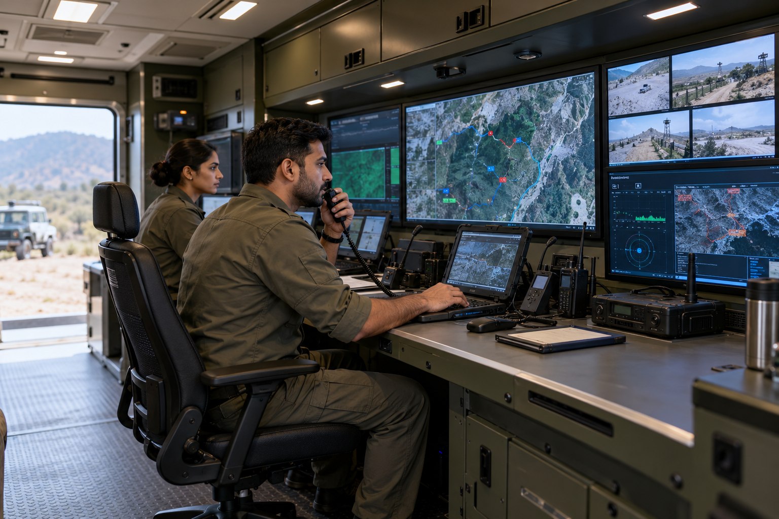 Operators coordinate field surveillance feeds and analytics inside a mobile command centre.