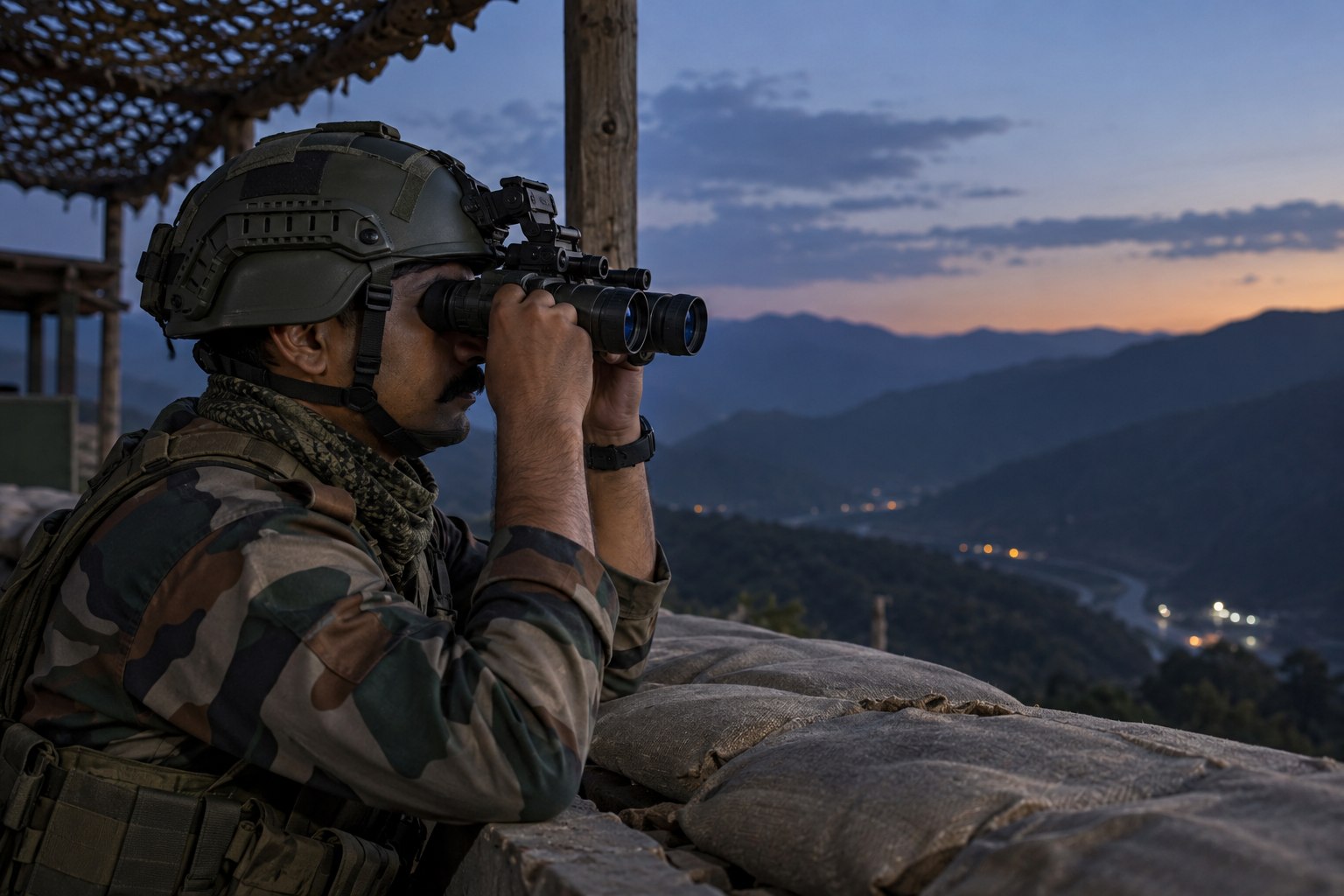 A border observer uses helmet-mounted night-vision goggles at a dusk observation post.