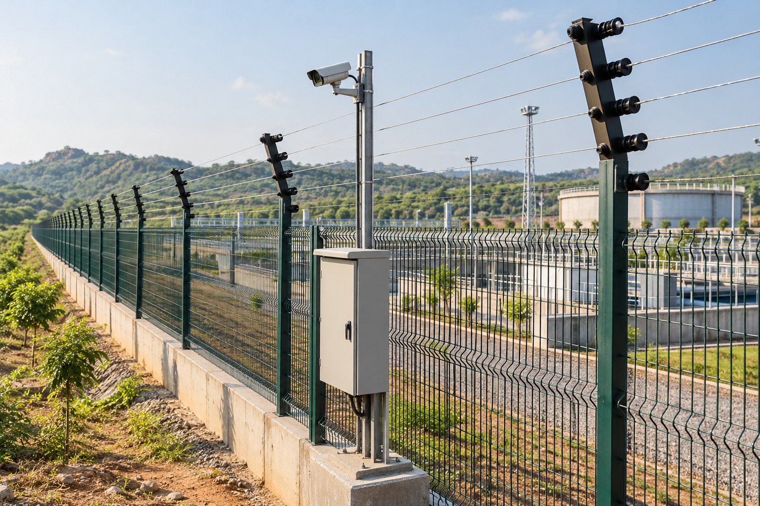 An electric security fence with insulated wire strands protects a monitored site boundary.