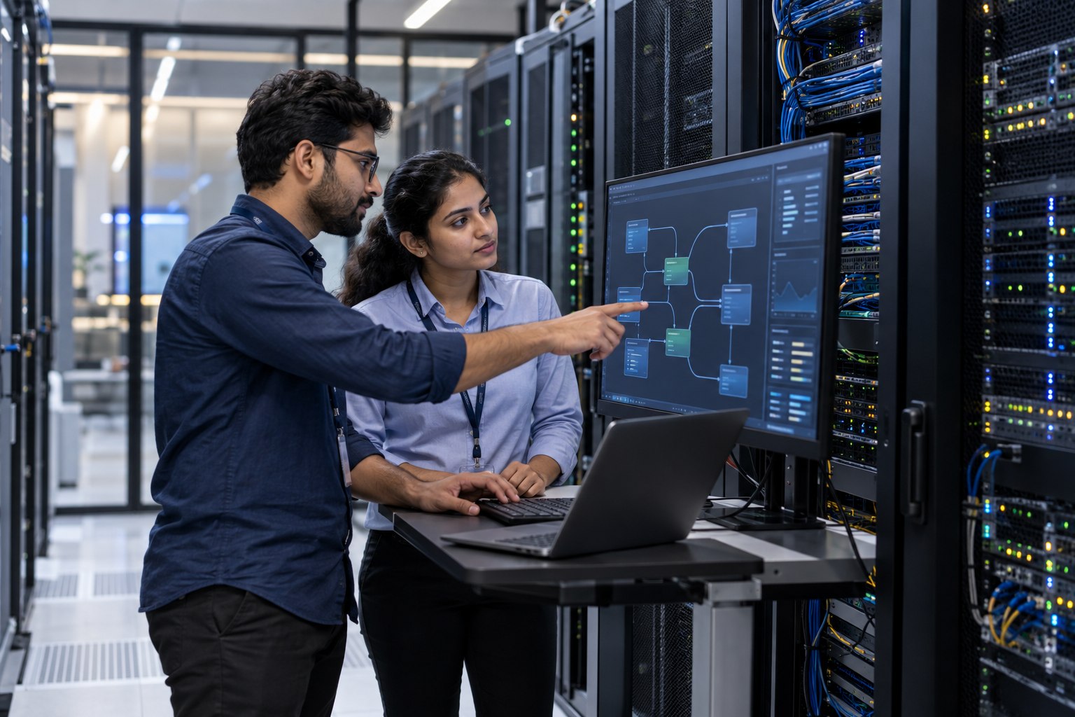Engineers integrate network servers and software systems in a communications facility.
