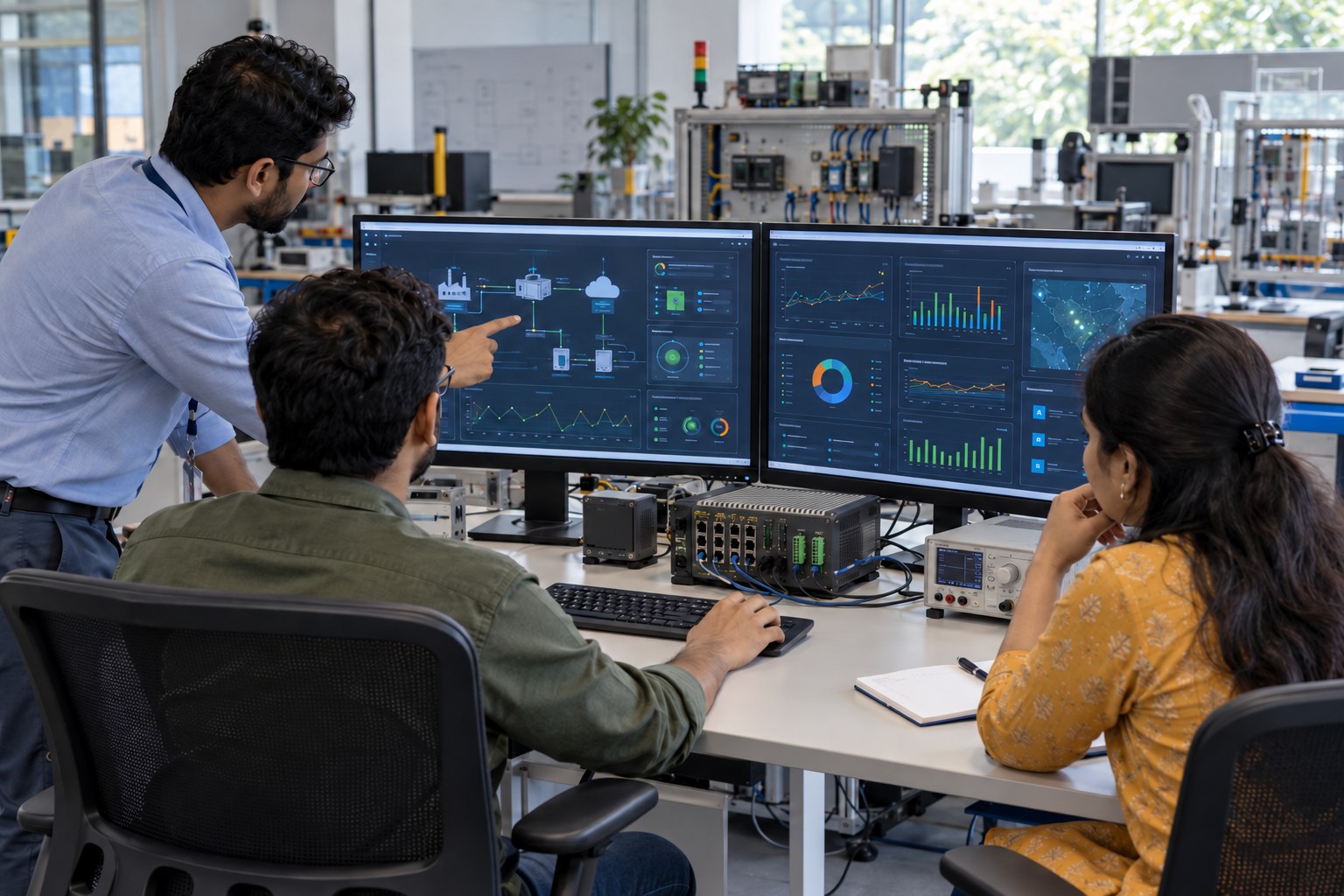 Software engineers review integrated applications on workstations in an operations lab.