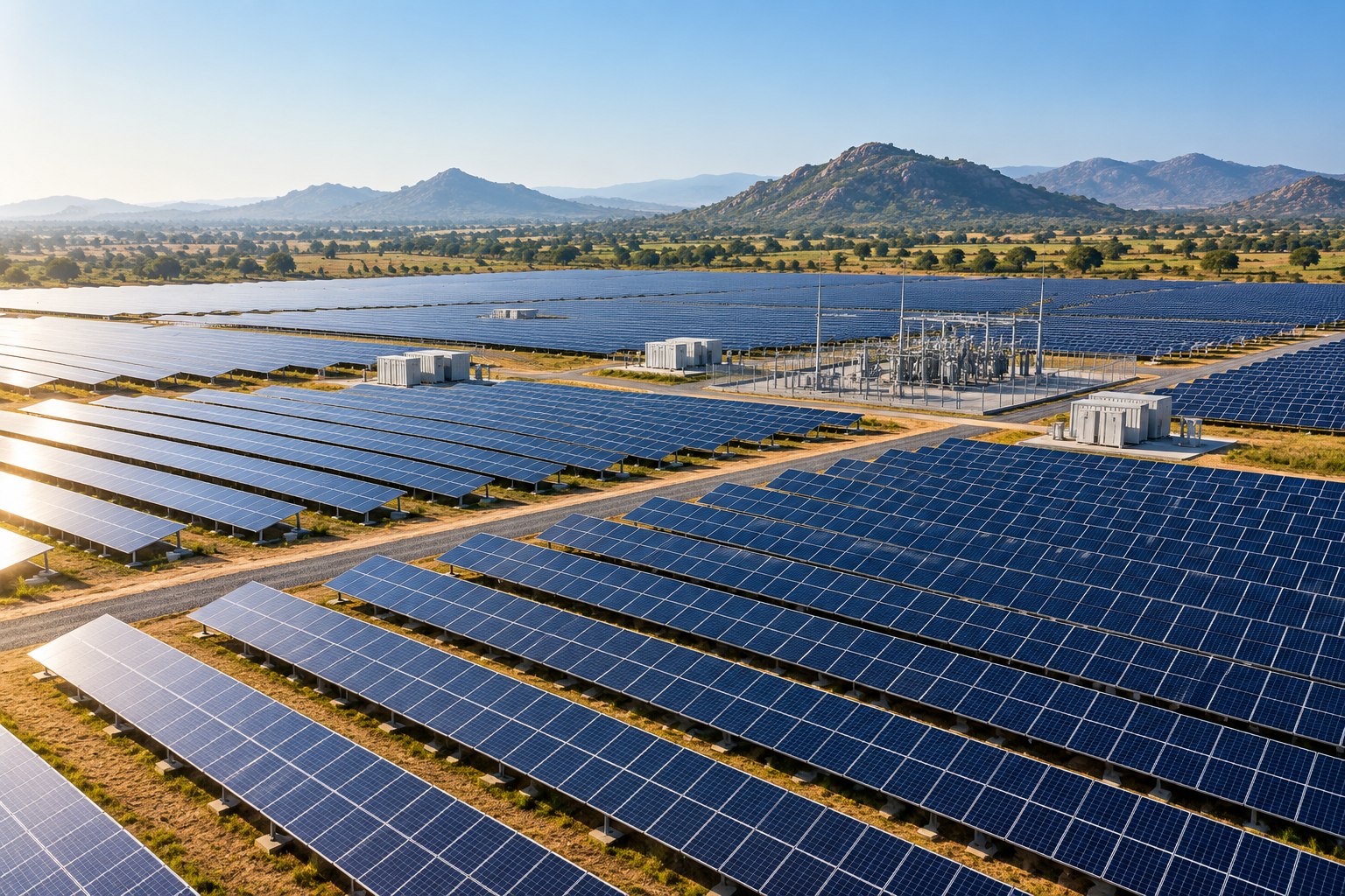 Rows of solar panels, inverter stations and a substation at a utility-scale solar power plant.