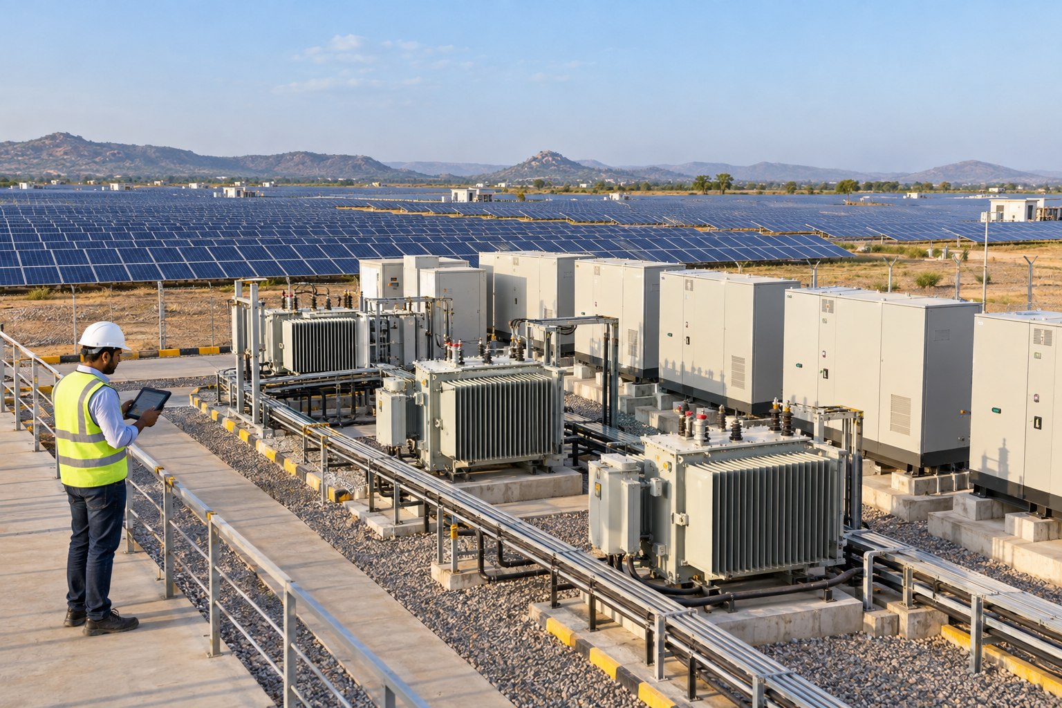 An engineer monitors a solar plant substation beside photovoltaic arrays and inverter stations.