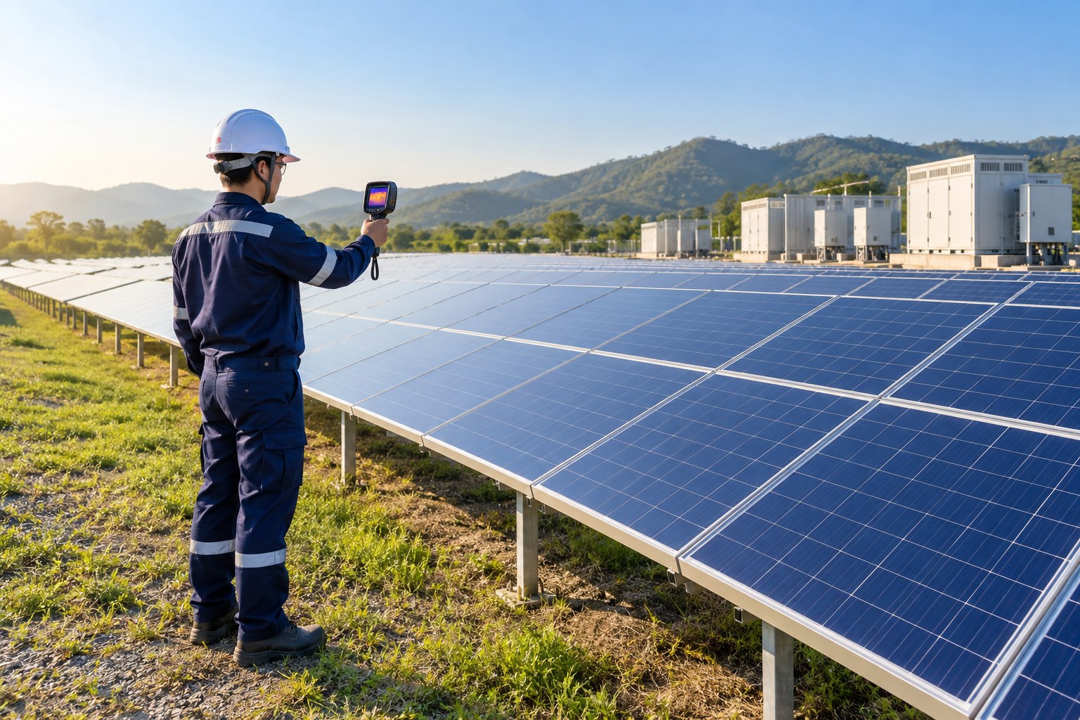 A solar plant technician uses a thermal imaging instrument to inspect photovoltaic panels.